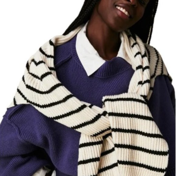 Free People Accessories - Free People University Stripe Sweater Scarf in Cream & Navy Blue Color